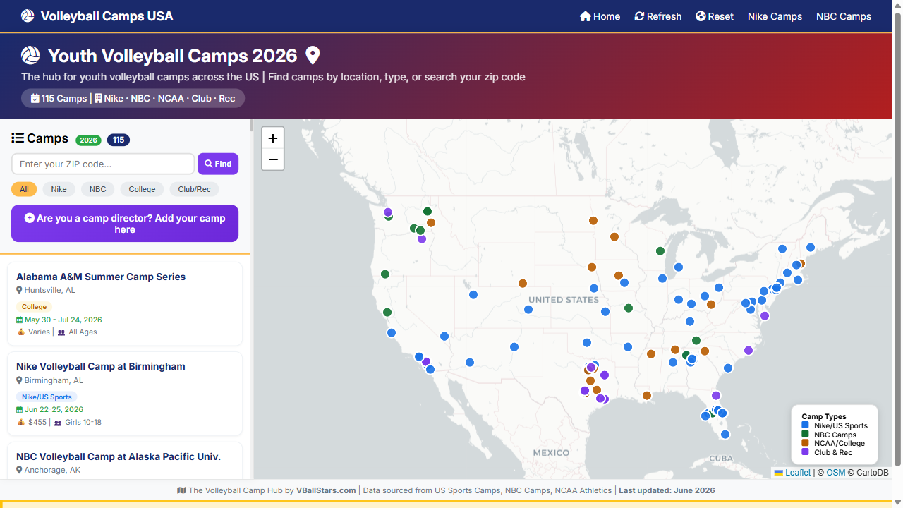Youth Volleyball Camps near Georgetown - Interactive map showing camp locations across the US