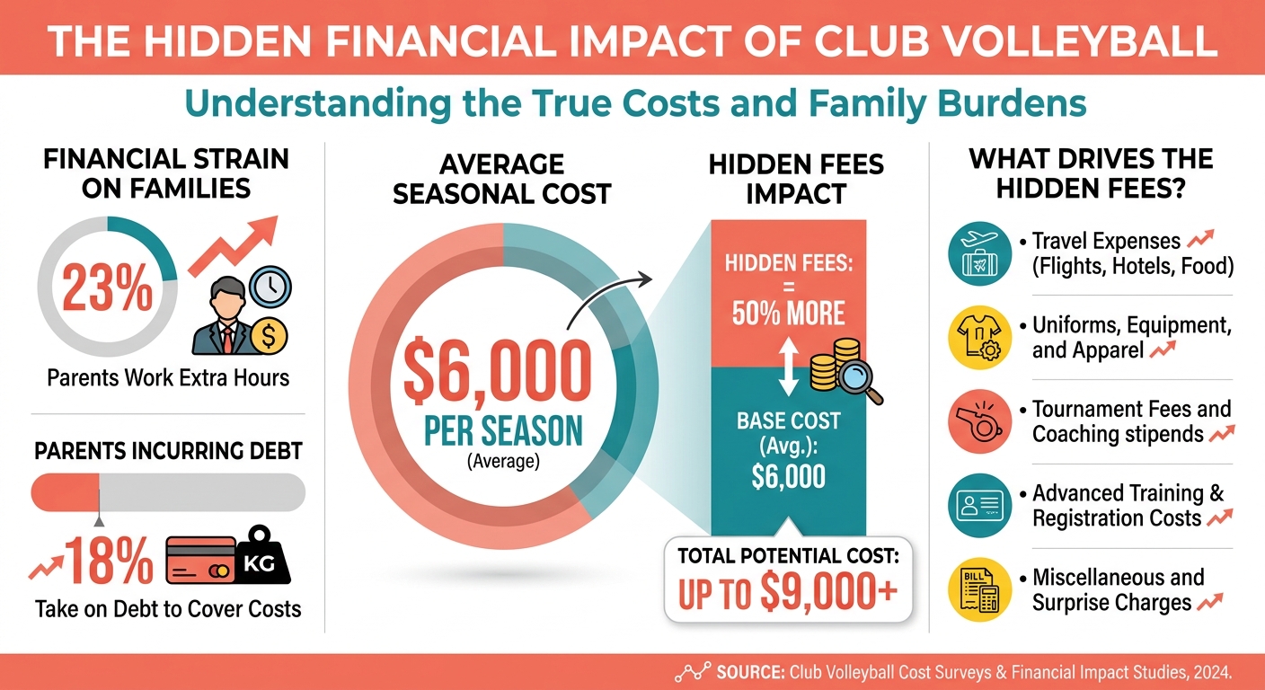 <a href=https://vballstars.com/vr-ai-are-changing-volleyball-training-forever-2026-guide/ style=color:#2563eb;font-weight:500;>Club volleyball</a> cost breakdown infographic” style=”width:100%;max-width:800px;height:auto;border-radius:12px;margin:30px auto;display:block”/></p><p>That $2,500-$4,500 you paid upfront? That covers practice court time, the coach’s stipend, and tournament entry fees. That is it. Think of it as cover charge — you still pay for every drink after.</p><p>By the end of the season, parents routinely spend <strong>$6,000-$10,000+</strong>. A Harris Poll found 23% of parents took extra work to cover costs, and 18% went into debt. Not because they were irresponsible. Because nobody told them what was coming.</p><h2>What They Do Not Show You on the Website</h2><ul>
<li><strong>Tournament travel:</strong> One D.C.-area club lists a mandatory travel package of $4,935-$5,740 on top of club fees. That is almost $13,000 for a single season.</li>
<li><strong>Hotel blocks:</strong> Some tournaments require you to stay in designated hotels. No points. No free breakfast. You pay whatever they negotiated.</li>
<li><strong>Gate fees:</strong> You already paid for your kid to play. Now pay $10-$25 per day to watch them. Every tournament. Every parent.</li>
<li><strong>Uniform packages:</strong> $350-600 for jerseys, warm-ups, a backpack, and spandex. And yes, you need a new set next year.</li>
<li><strong>Private lessons:</strong> $50-$120 per hour because somehow practice alone is not enough anymore.</li></ul><h2>The One Question Most Parents Forget to Ask</h2><p>Before you sign anything, ask the club director: <strong>“Can you give me a printed breakdown of the total expected season cost including all travel, uniforms, and mandatory add-ons?”</strong></p><p>If they hesitate, that is your answer.</p><h2>The Bottom Line</h2><p><a
href=https://vballstars.com/volleyball-court-communication-calls-signals-and-building-team-chemistry/ style=color:#2563eb;font-weight:500;><a
href=https://vballstars.com/best-volleyball-brands-guide/ style=color:#2563eb;font-weight:500;>Club volleyball</a></a> is a $5,000-$10,000+ commitment. Not the $2,500 they advertised. Budget for the real number or you will be that parent three months in wondering if your retirement savings can survive one more tournament hotel.</p><p><em>23% of parents take extra work. 18% go into debt. Do not be a statistic. Ask the question before you sign.</em></p><div
style=